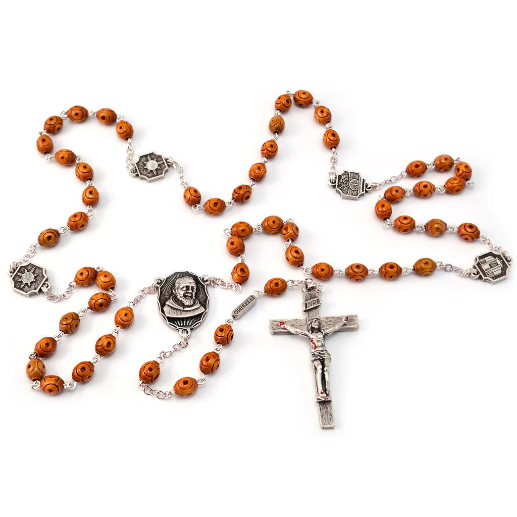 Antique Silver & Wood St. Padre Pio Rosary - Image 5
