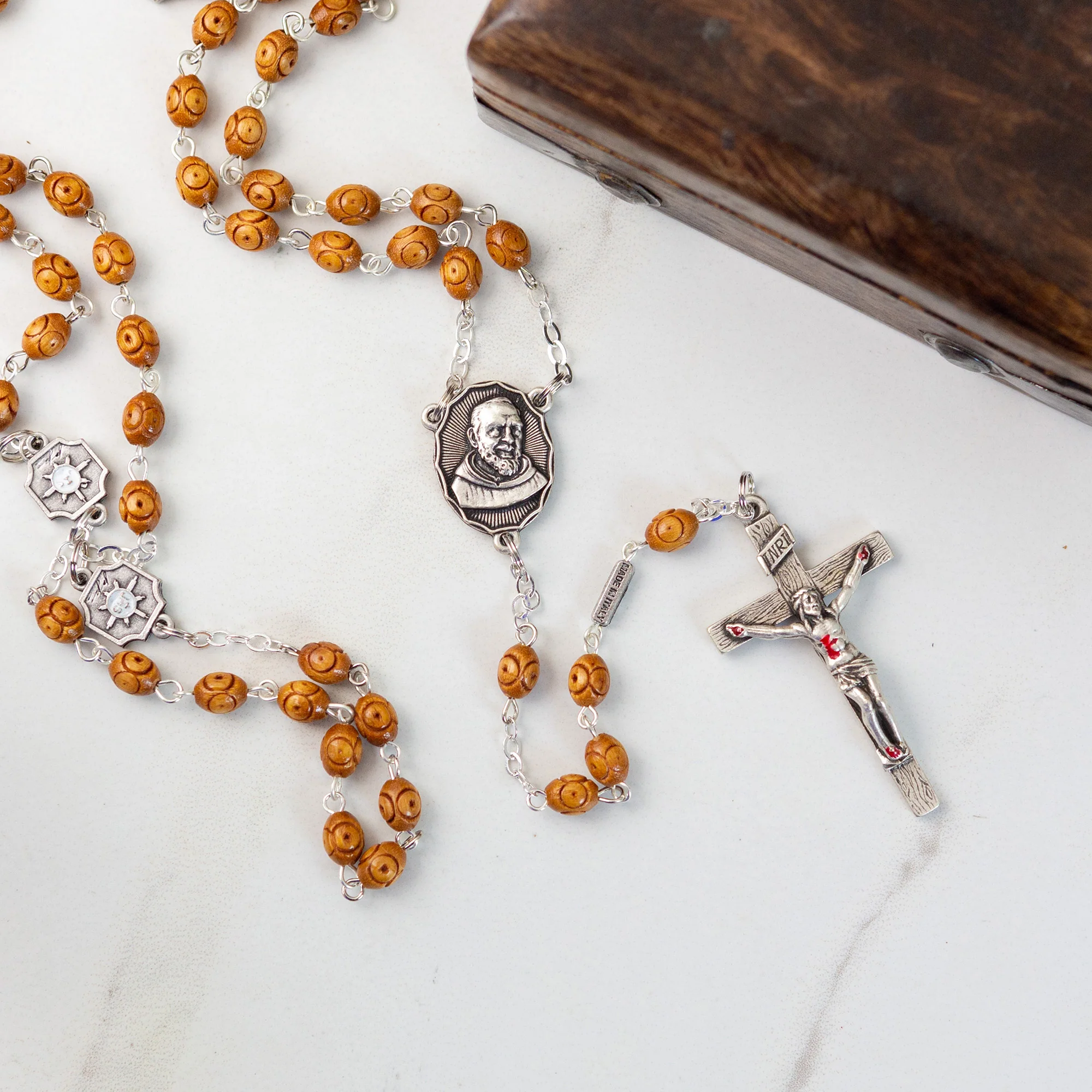 Antique Silver & Wood St. Padre Pio Rosary - Image 6