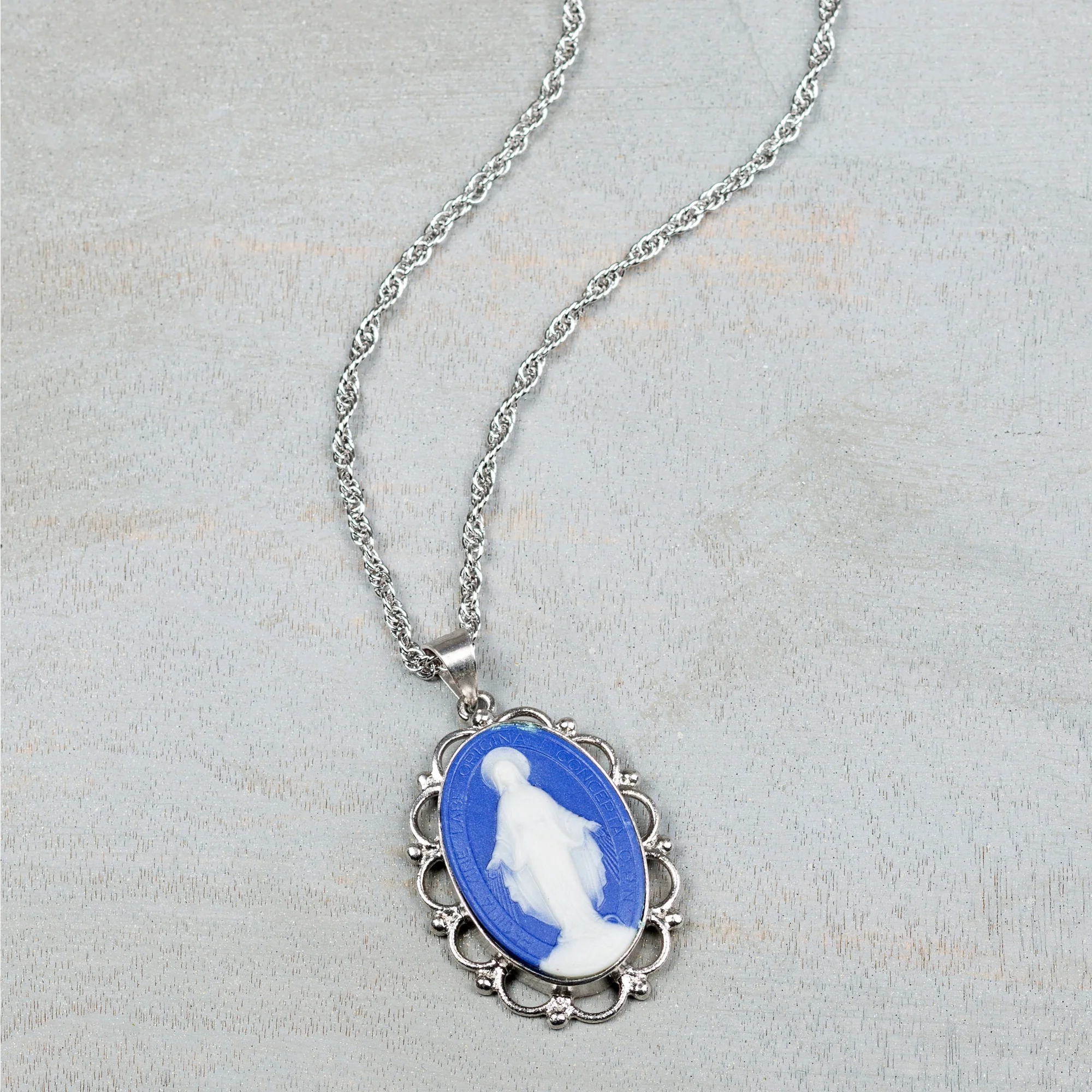 Blue Cameo Our Lady of Grace Necklace - Gold or Silver