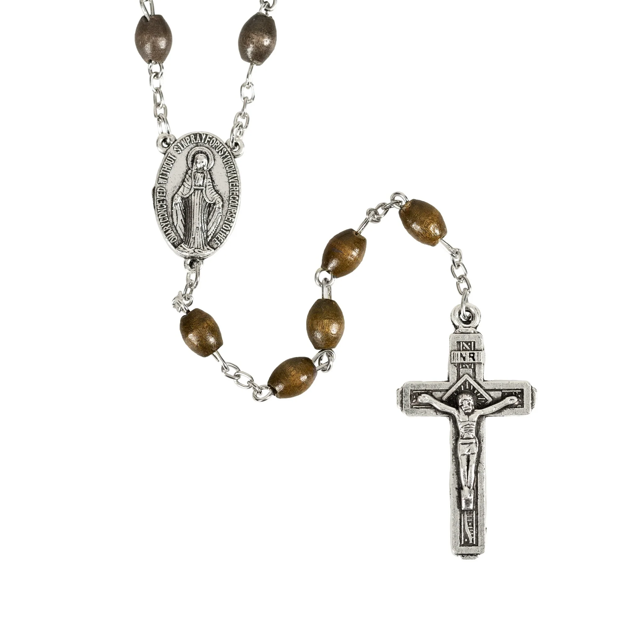 Brown Wood Miraculous Medal Rosary - Image 2