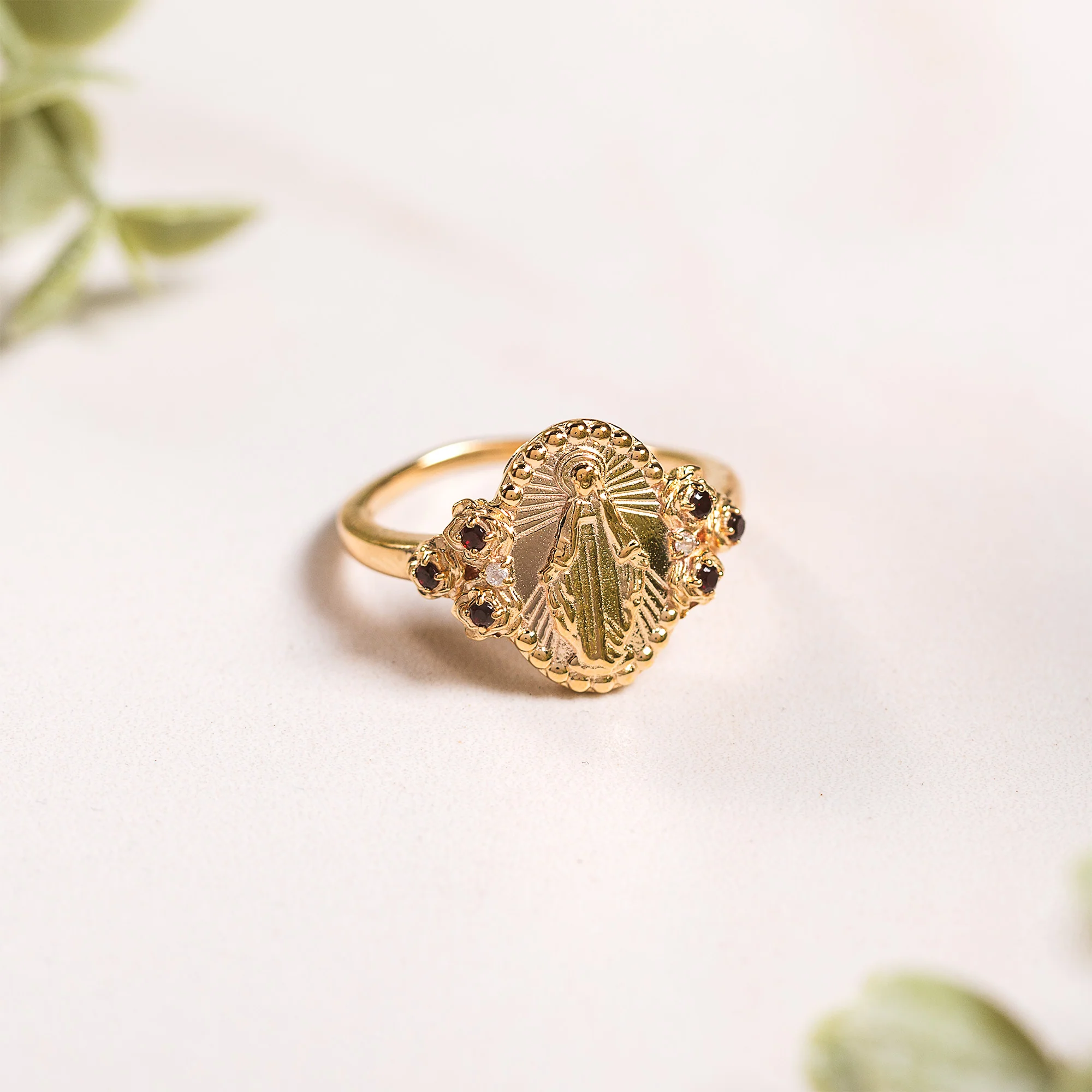 Gold Miraculous Medal & Rose Accent Ring - Multiple Sizes - Image 20
