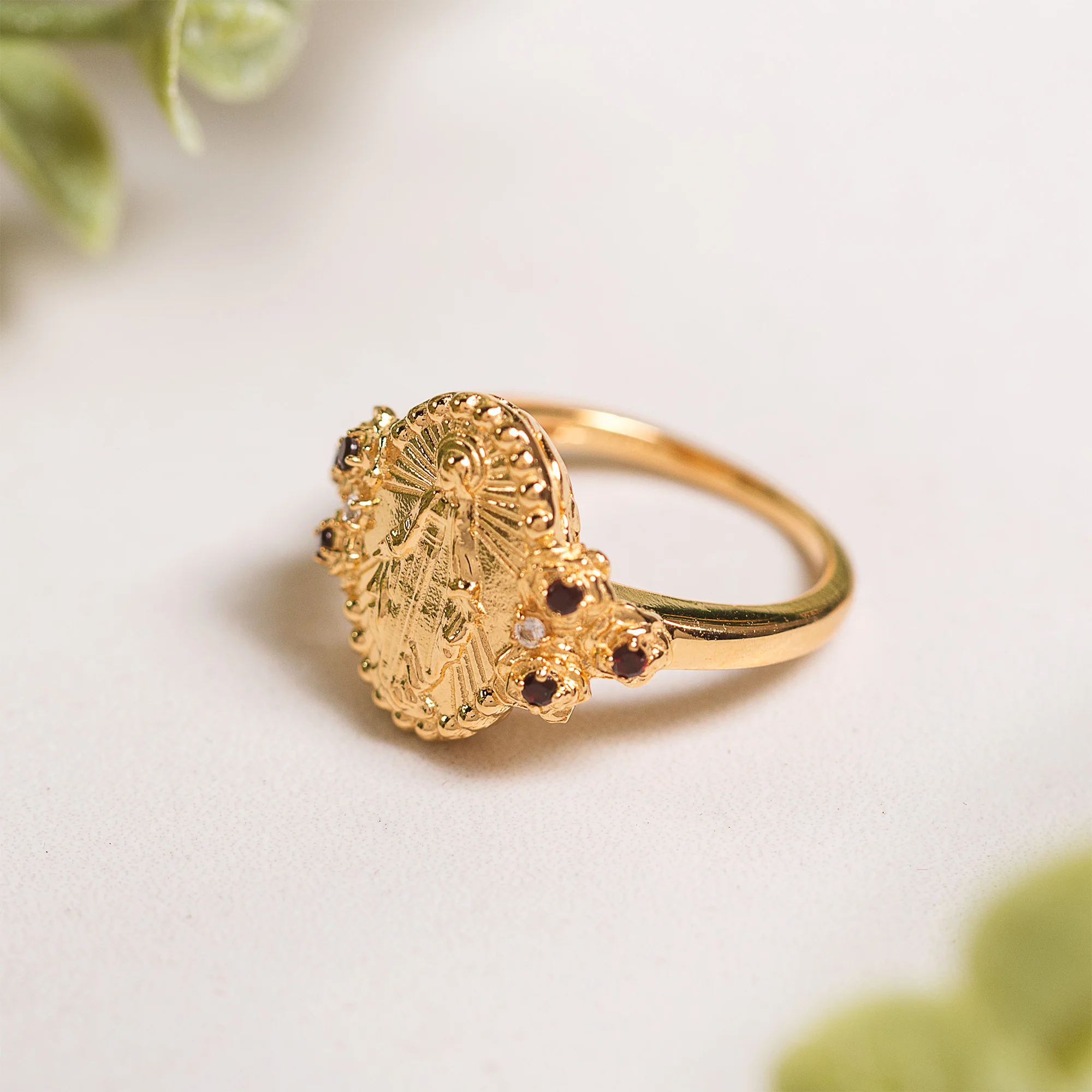 Gold Miraculous Medal & Rose Accent Ring - Multiple Sizes - Image 21