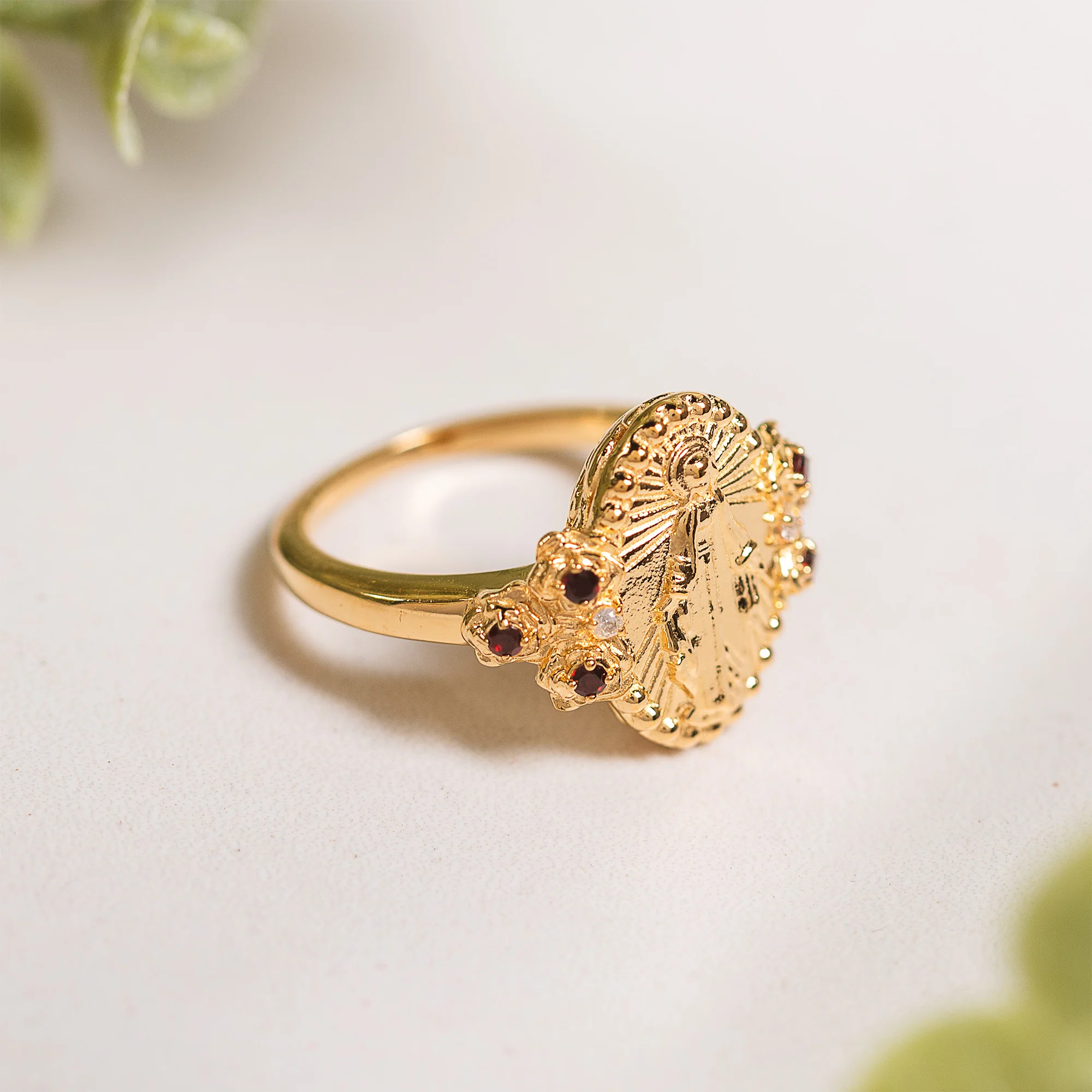 Gold Miraculous Medal & Rose Accent Ring - Multiple Sizes - Image 22