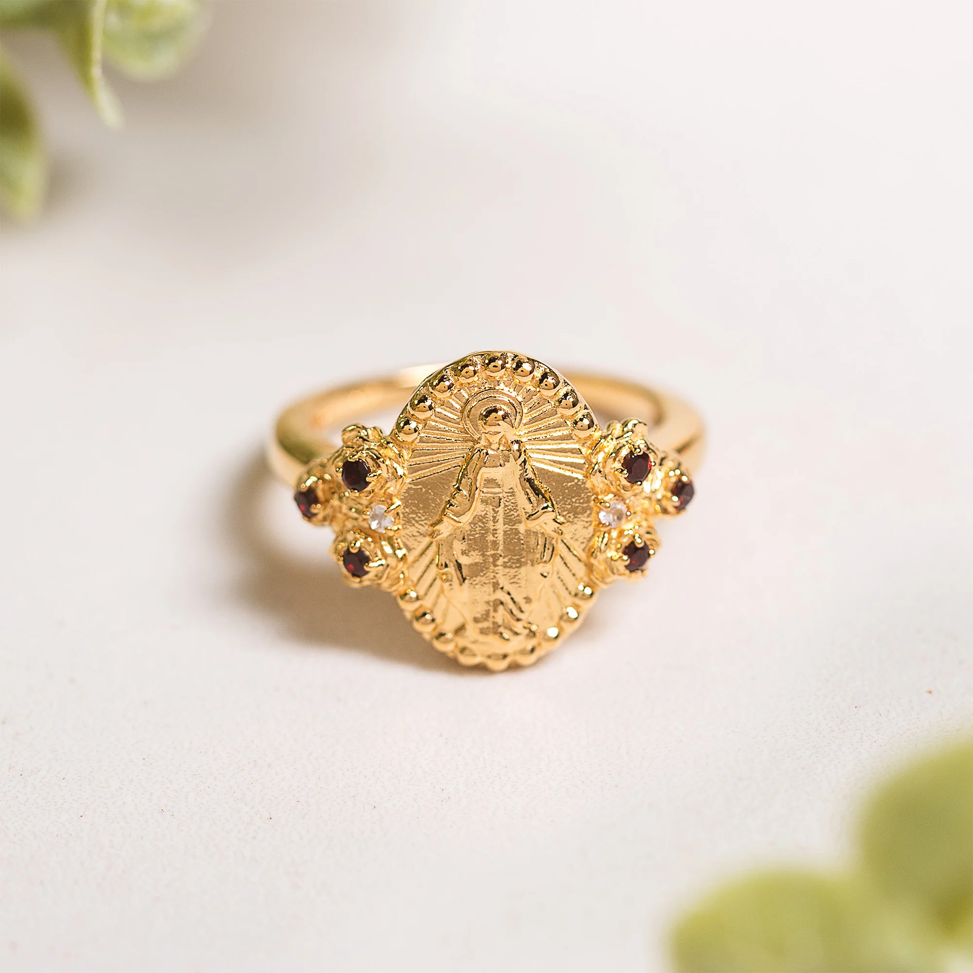 Gold Miraculous Medal & Rose Accent Ring - Multiple Sizes - Image 23