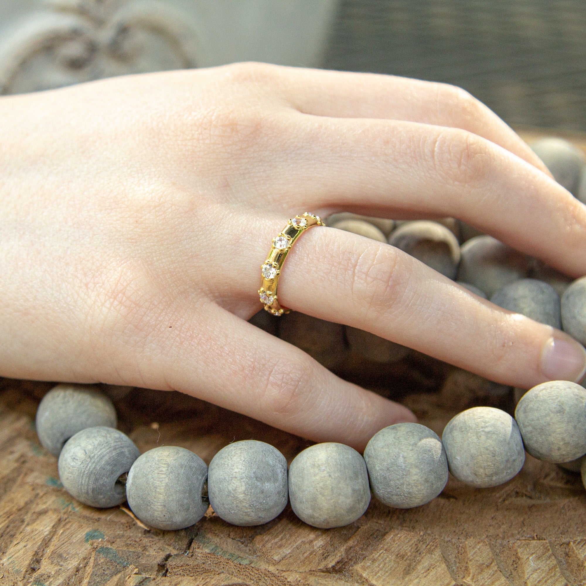 Gold Rosary Ring with Cubic Zirconia