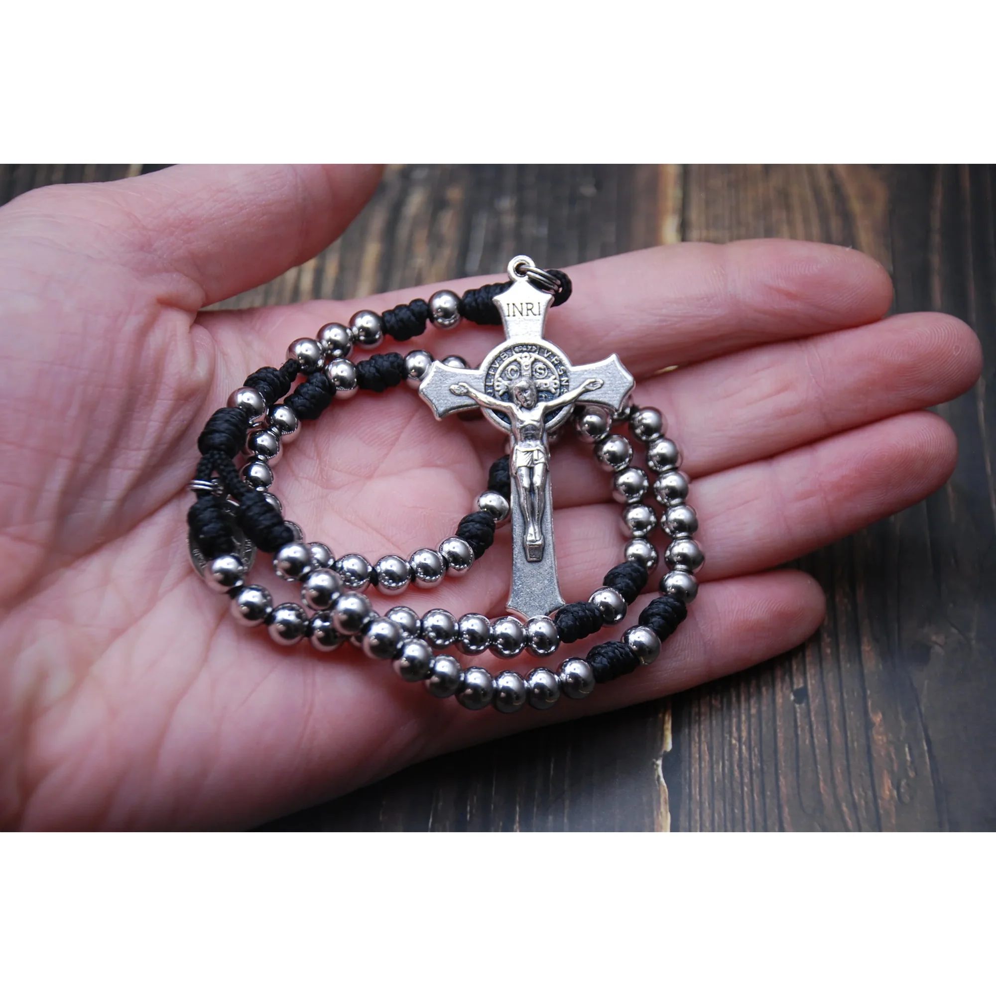Mini Stainless St. Benedict Paracord Rosary - Blue or Black - Image 2