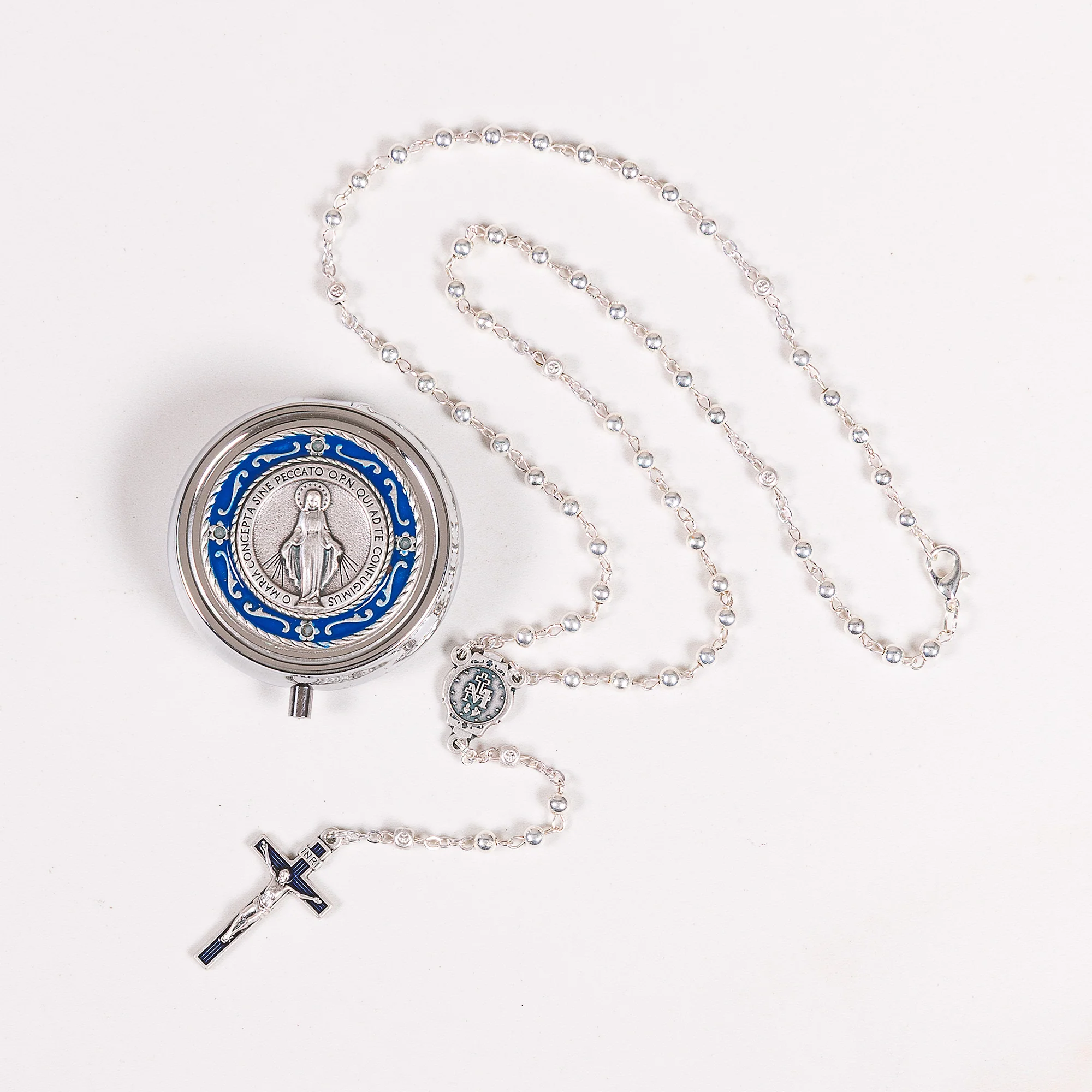 Miraculous Medal & Blue Enamel Rosary with Matching Case - Silver or Two Tone - Image 5