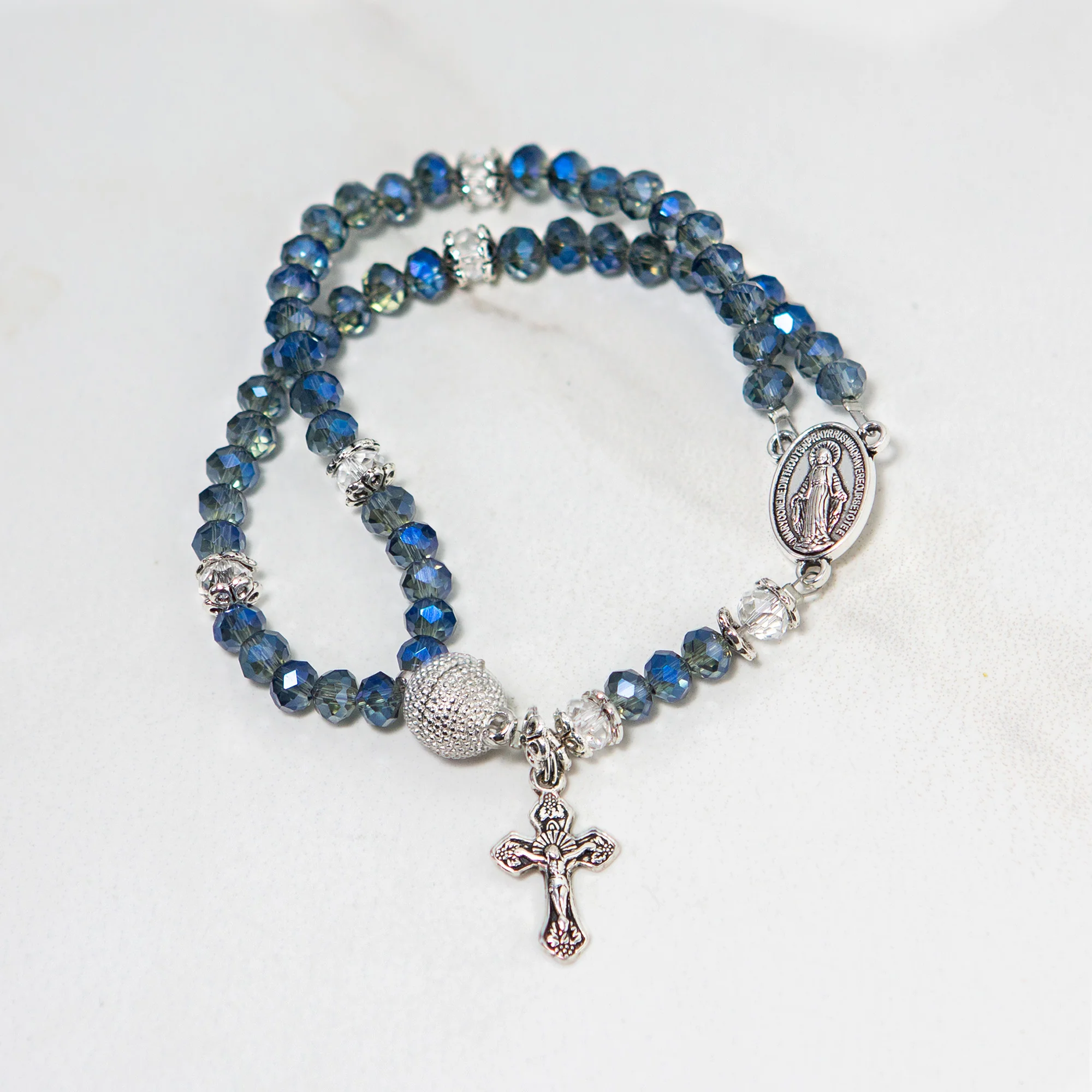 Miraculous Medal Crystal Rosary Bracelet - Blue, Pink, or Clear