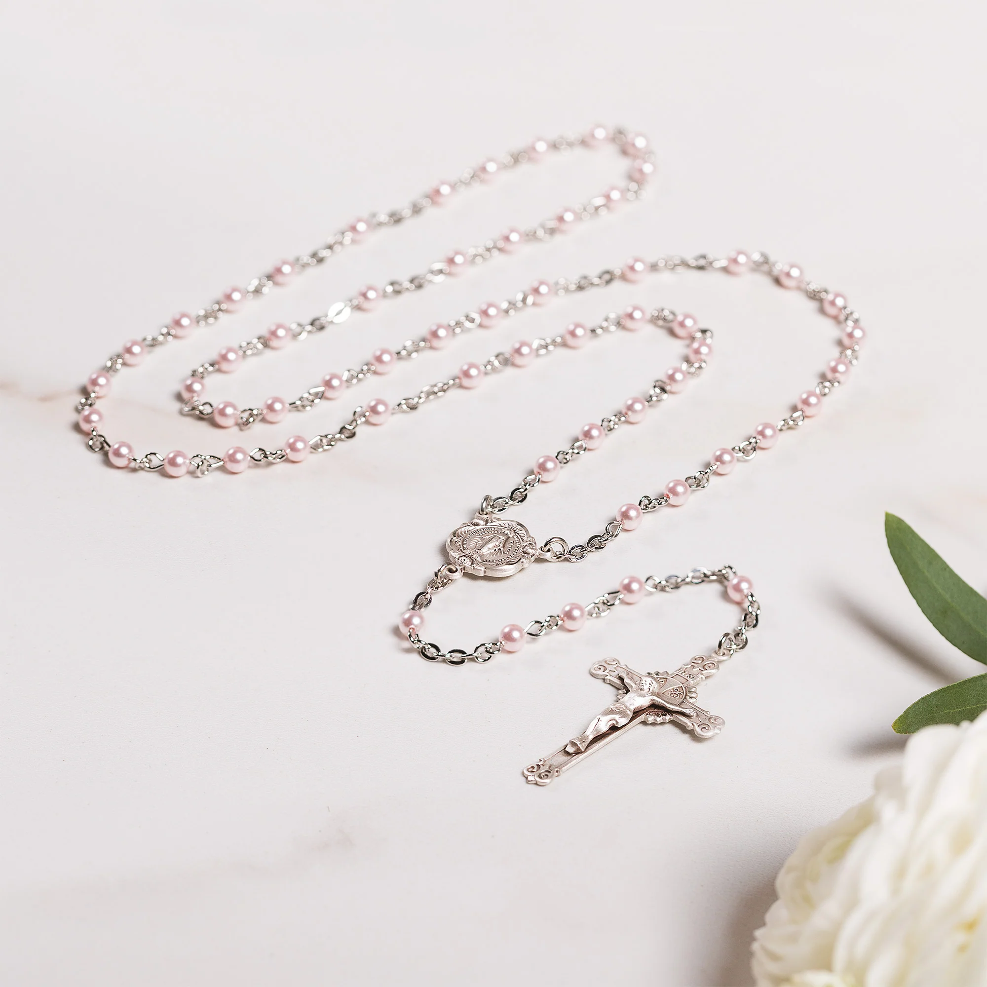 Pearl Swarovski Sterling Silver Rosary - Blue or Pink - Image 5