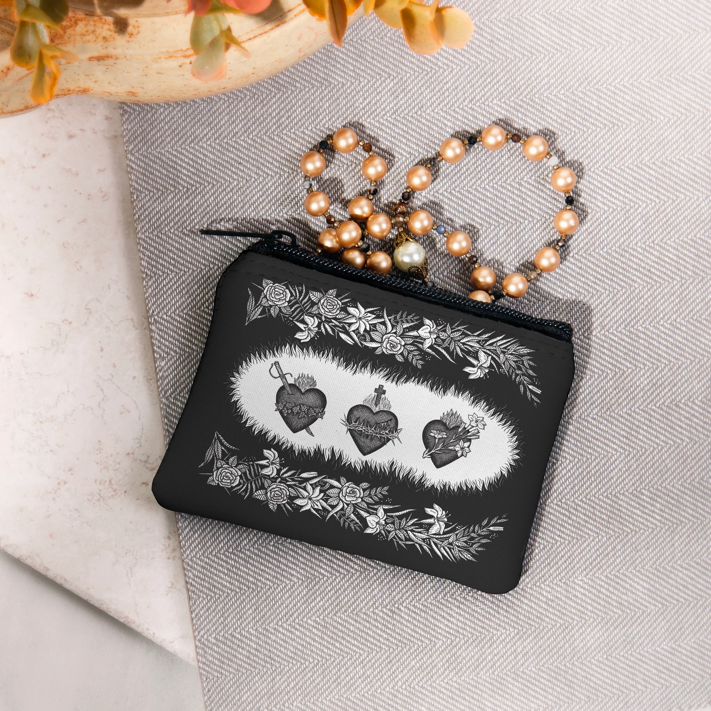 Personalized Three Hearts Rosary Pouch