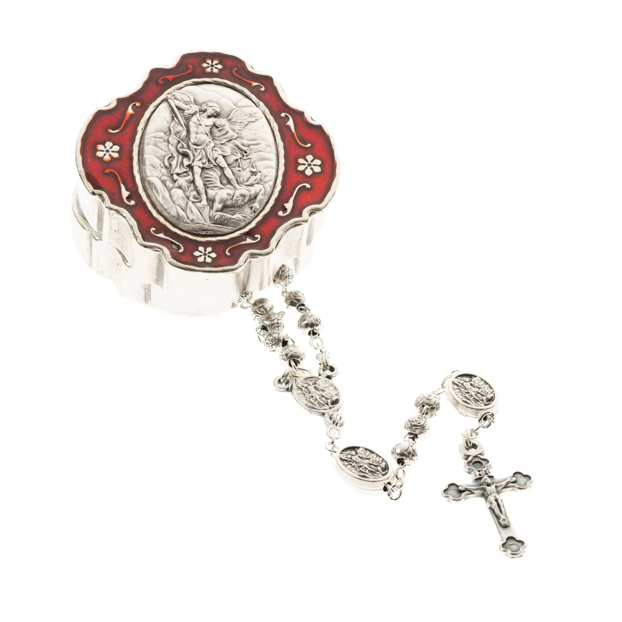 St. Michael Rosary in Red Enamel Box