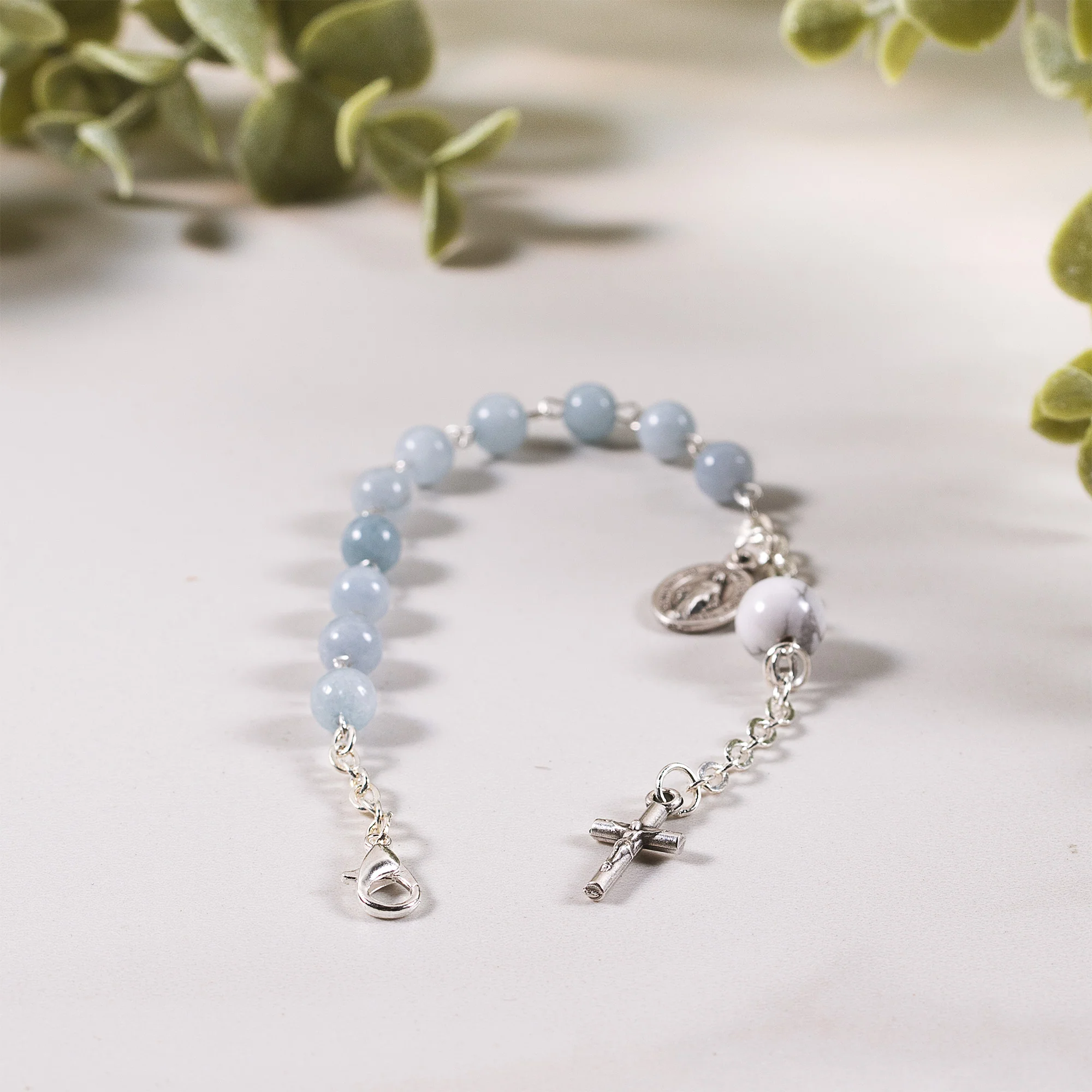St. Michael White Glass Auto Rosary - Image 3