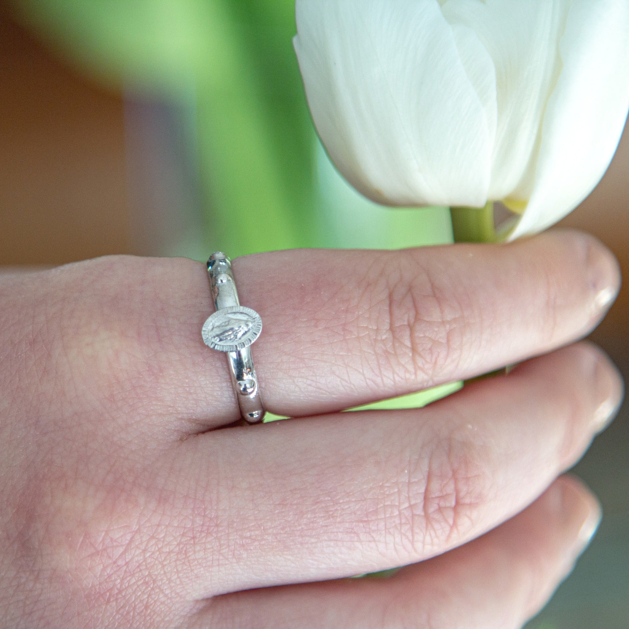 Sterling Silver Miraculous Medal Rosary Ring - Image 2