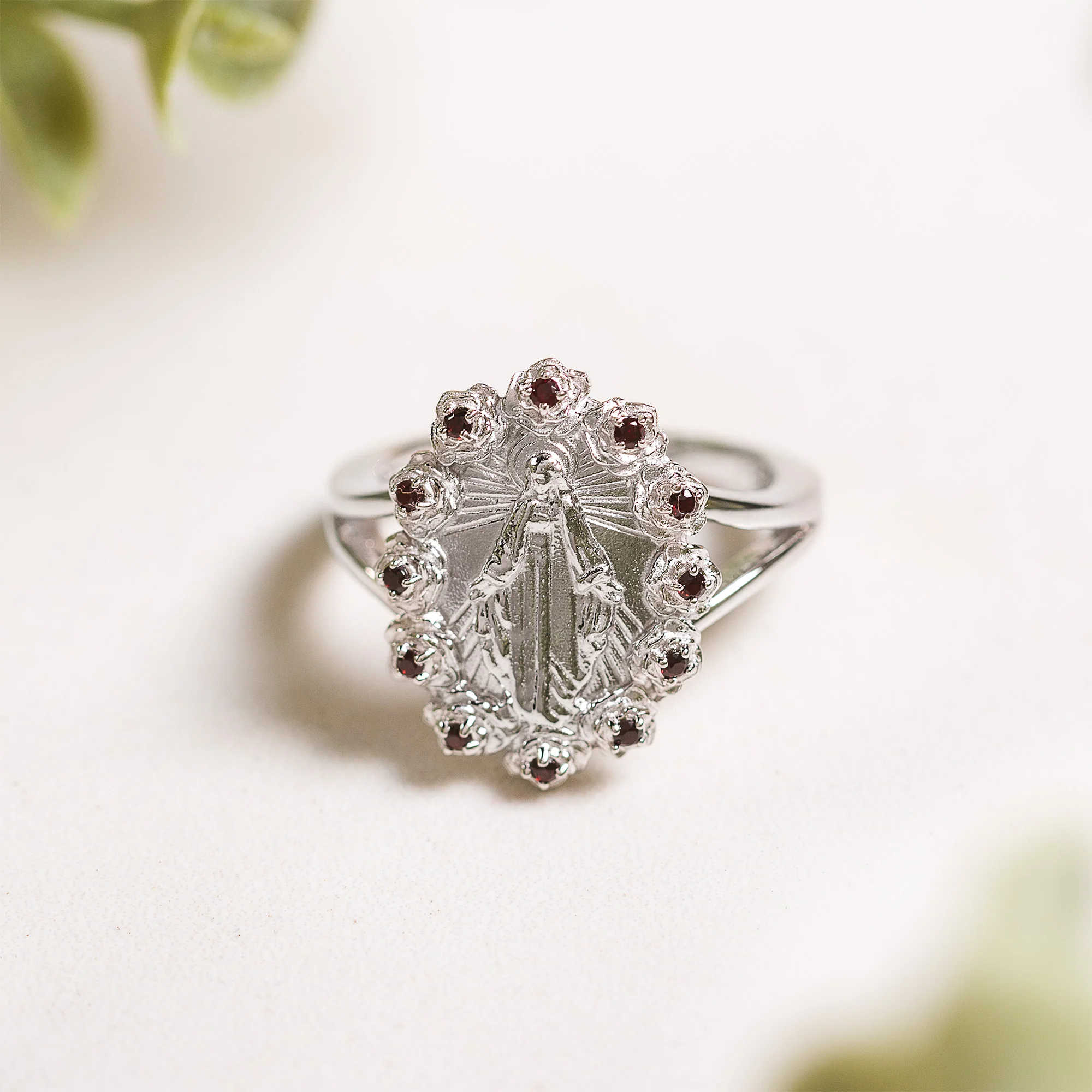 Sterling Silver Miraculous Medal & Rose Halo Ring - Multiple Sizes - Image 5